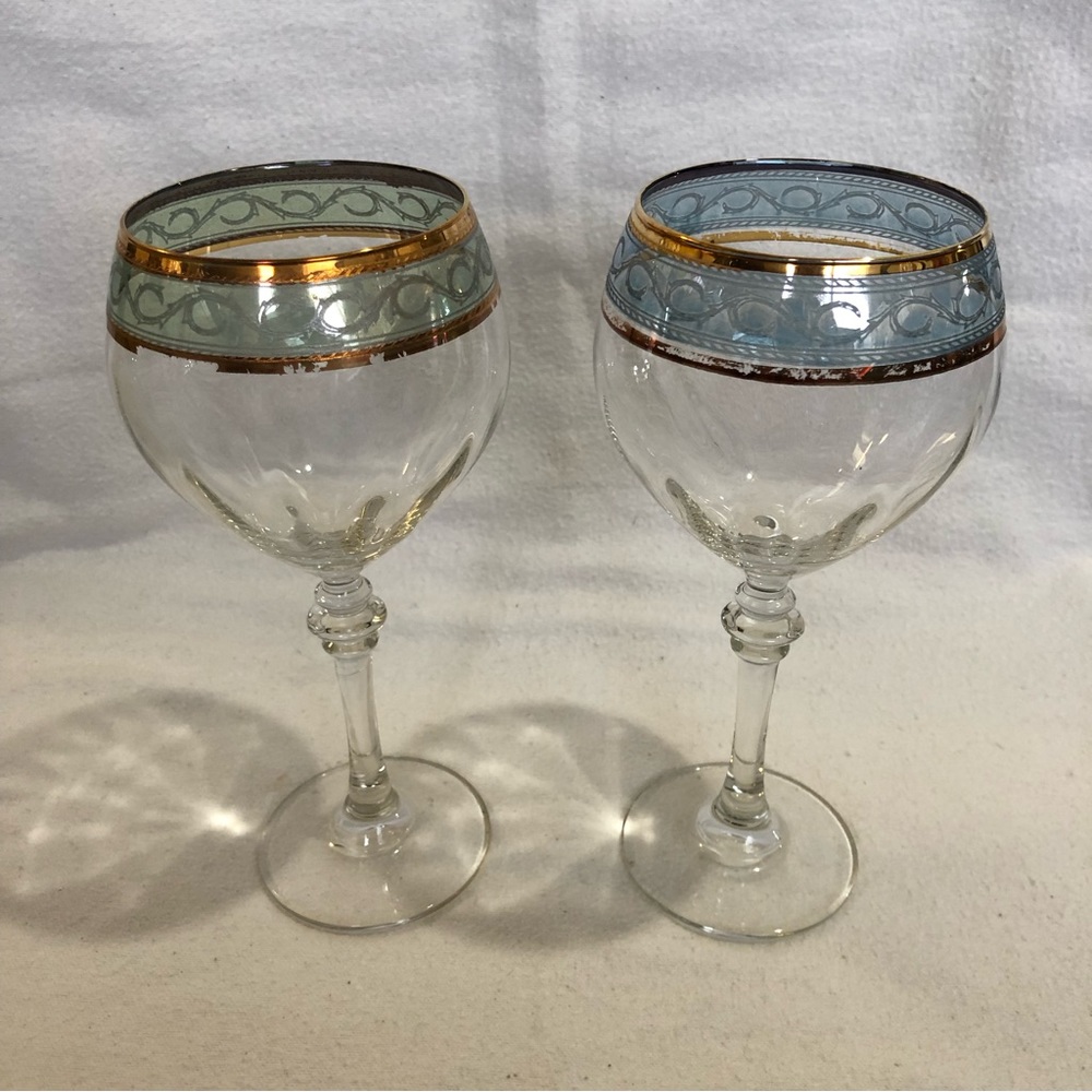 2 Vintage Cristalleria Fratelli Fumo Wine Glasses with Gold Gilt Trim